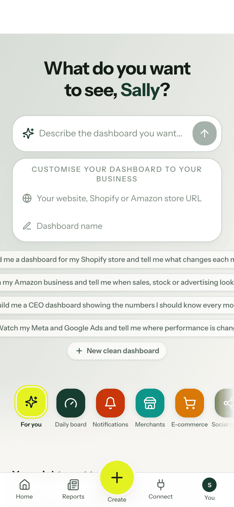 Dash Captain on a phone: the Home screen, with its prompt, shortcuts and the bottom bar. Sample data.