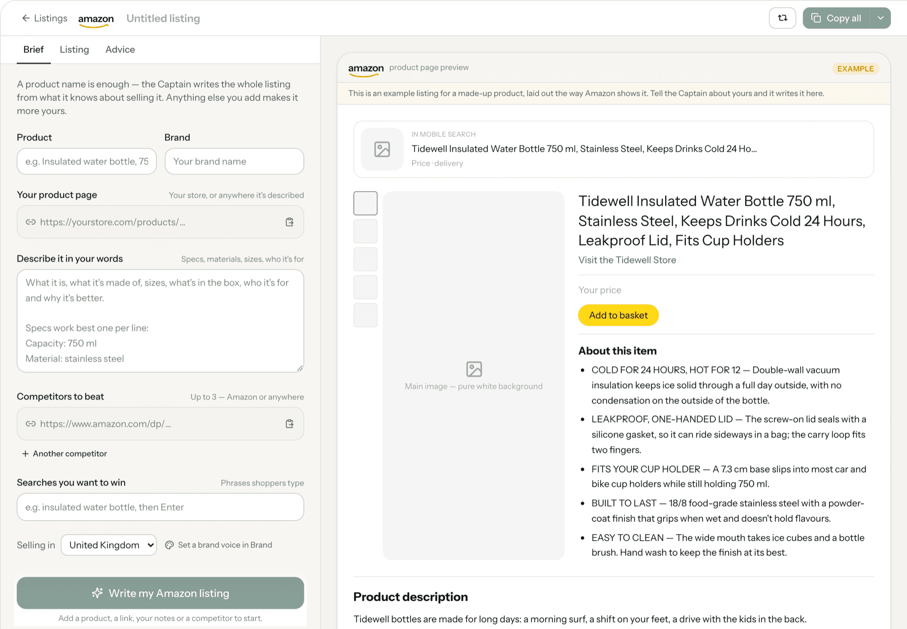 The listing builder's Amazon preview: how the title reads in mobile search, then the product page with its title, price and bullet points.