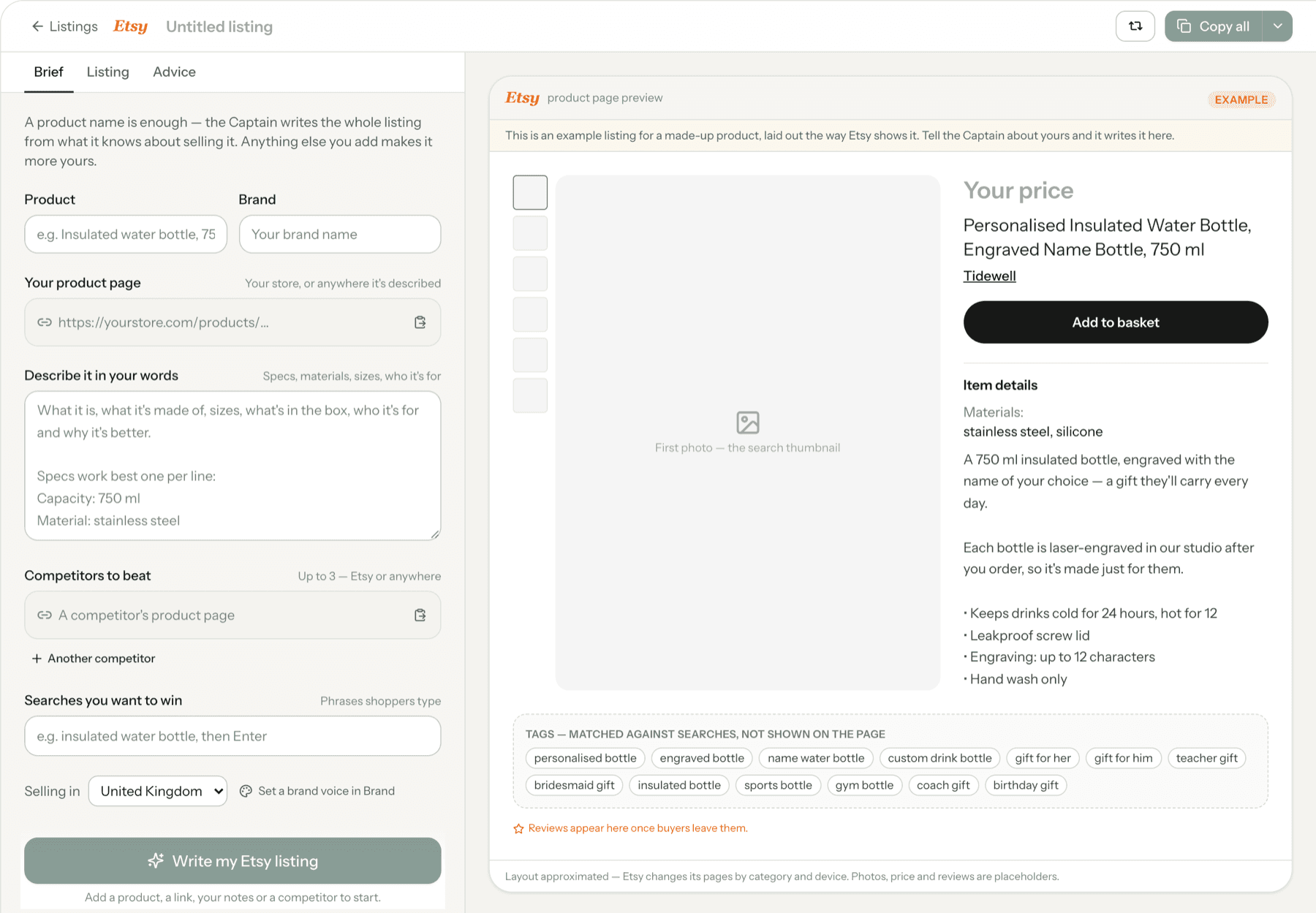 The Dash Captain listing builder: a brief on the left, and on the right an Etsy product page with its title, materials, description and tags.